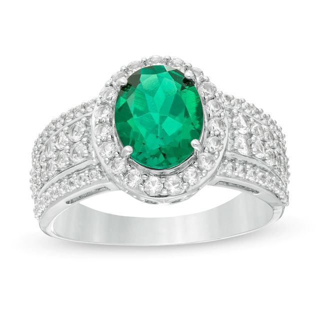 Oval Lab-Created Emerald and White Sapphire Frame Multi-Row Ring in Sterling Silver