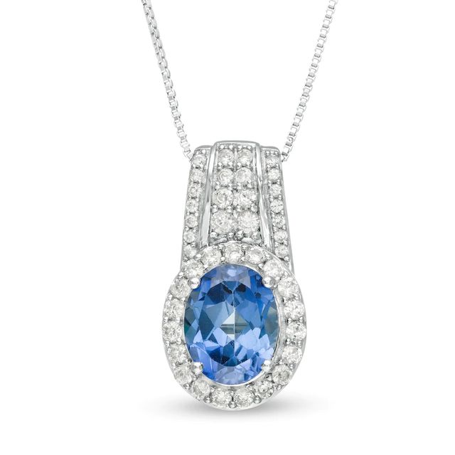 Oval Lab-Created Blue and White Sapphire Drop Pendant in Sterling Silver|Peoples Jewellers