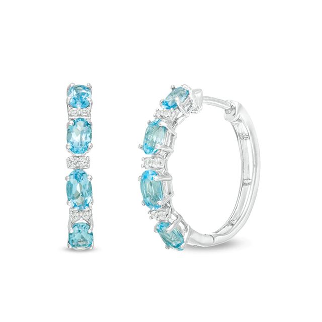 Oval Swiss Blue Topaz and Lab-Created White Sapphire Hoop Earrings in Sterling Silver|Peoples Jewellers