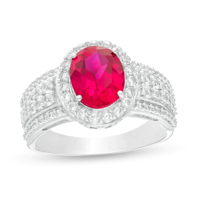 Oval Lab-Created Ruby and White Sapphire Frame Multi-Row Ring in Sterling Silver|Peoples Jewellers