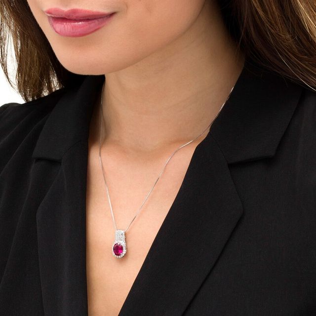 Oval Lab-Created Ruby and White Sapphire Drop Pendant in Sterling Silver