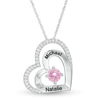 5.0mm Simulated Birthstone and Lab-Created White Sapphire Double Heart Pendant in Sterling Silver (1 Stone and 2 Lines)|Peoples Jewellers