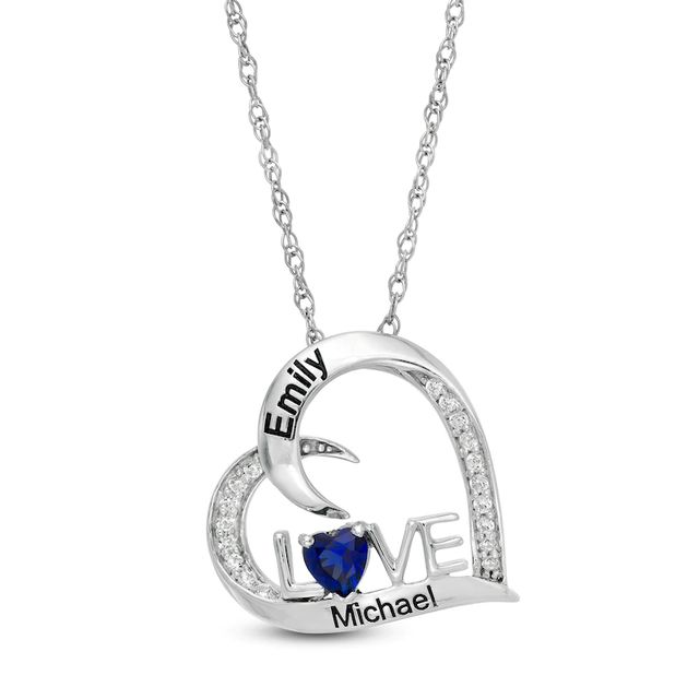 4.0mm Simulated Birthstone and Lab-Created White Sapphire "LOVE" Heart Pendant in Sterling Silver (1 Stone and 2 Lines)