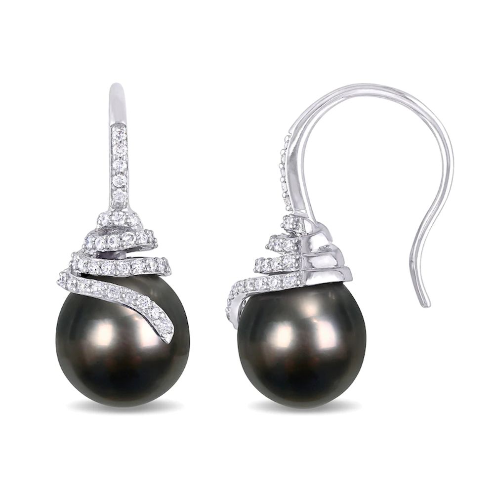 10.0-10.5mm Baroque Black Tahitian Cultured Pearl and 0.32 CT. T.W. Diamond Coil Drop Earrings in 14K White Gold|Peoples Jewellers