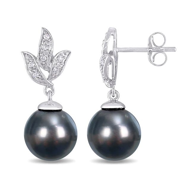 9.0-9.5mm Black Tahitian Cultured Pearl and 0.08 CT. T.W. Diamond Leaf Drop Earrings in 10K White Gold|Peoples Jewellers