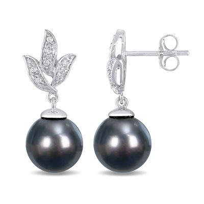 9.0-9.5mm Black Tahitian Cultured Pearl and 0.08 CT. T.W. Diamond Leaf Drop Earrings in 10K White Gold|Peoples Jewellers