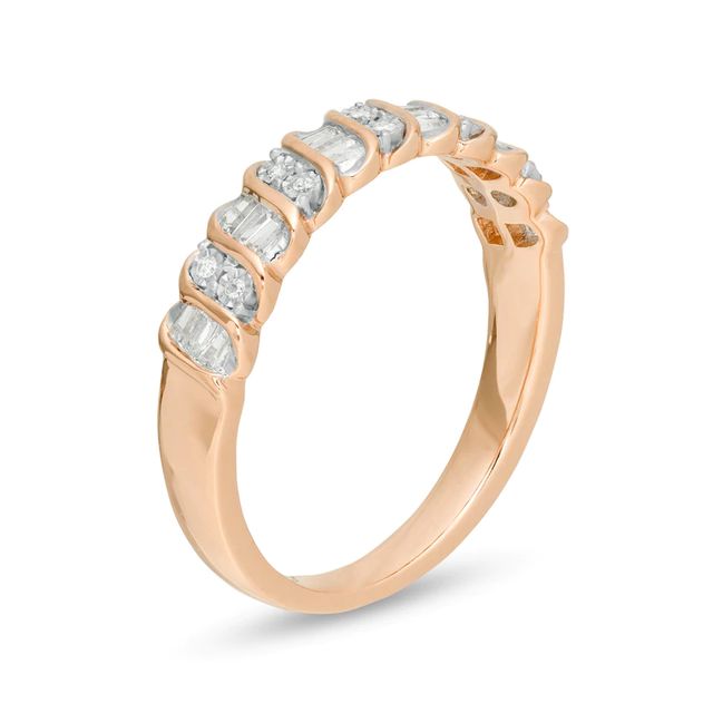 0.12 CT. T.W. Baguette and Round Diamond Stackable Spiral Anniversary Ring in 10K Rose Gold|Peoples Jewellers