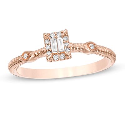 0.10 CT. T.W. Baguette and Round Diamond Vintage-Style Rope Shank Promise Ring in 10K Rose Gold|Peoples Jewellers