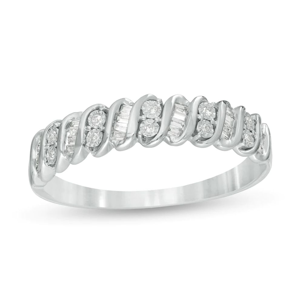 0.12 CT. T.W. Baguette and Round Diamond Stackable Spiral Anniversary Ring in 10K White Gold|Peoples Jewellers