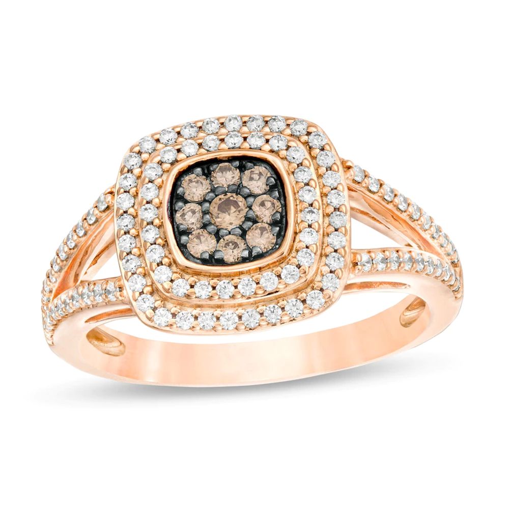 0.50 CT. T.W. Champagne and White Composite Diamond Cushion Frame Split Shank Ring in 10K Rose Gold|Peoples Jewellers