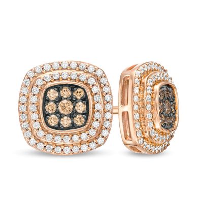 0.50 CT. T.W. Champagne and White Composite Diamond Double Cushion Frame Stud Earrings in 10K Rose Gold|Peoples Jewellers