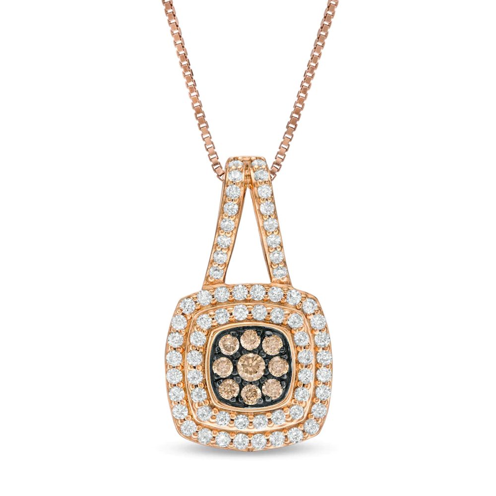 0.50 CT. T.W. Champagne and White Composite Diamond Double Cushion Frame Pendant in 10K Rose Gold|Peoples Jewellers