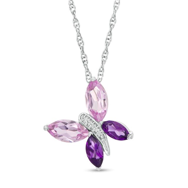 Marquise Amethyst, Lab-Created Pink Sapphire and Diamond Accent Tilted Butterfly Pendant in Sterling Silver|Peoples Jewellers