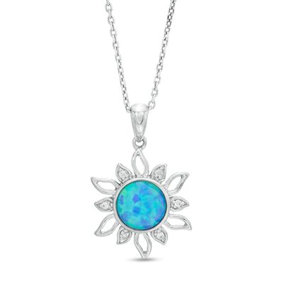 7.0mm Lab-Created Blue Opal and White Sapphire Sunburst Frame Drop Pendant in Sterling Silver|Peoples Jewellers