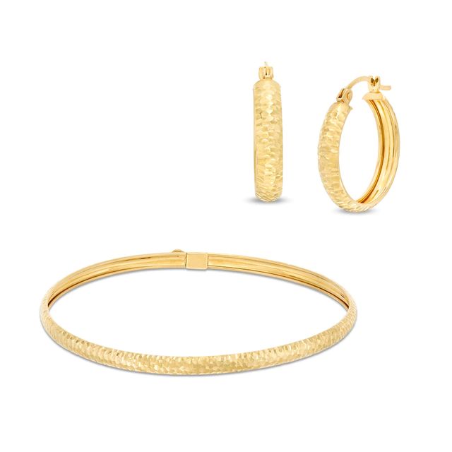 Diamond-Cut Flex Bangle and Hoop Earrings Set in 10K Gold - 7.5"|Peoples Jewellers