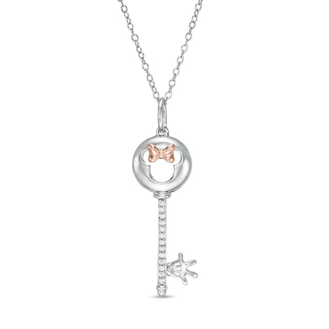 Mickey Mouse & Minnie Mouse 0.05 CT. T.W. Diamond Minnie Mouse Key Pendant in Sterling Silver and 10K Rose Gold - 19"|Peoples Jewellers