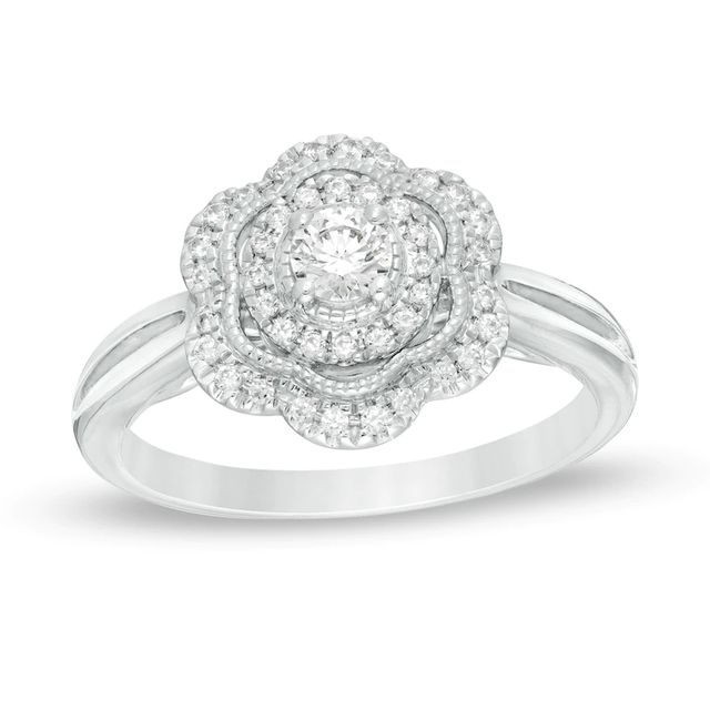 0.30 CT. T.W. Diamond Flower Frame Vintage-Style Engagement Ring in 14K White Gold|Peoples Jewellers