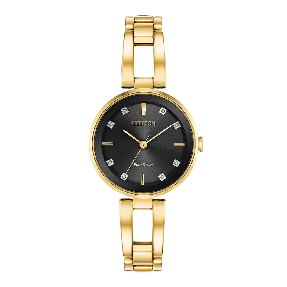 Ladies' Exclusive Citizen Eco-Drive®Diamond Accent Gold-Tone Bangle Watch with Black Dial (Model: EM0637-52F)|Peoples Jewellers