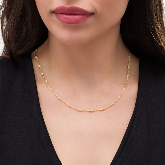 Italian Gold Oval Cubic Zirconia Mesh Cage Station Necklace in 14K Gold|Peoples Jewellers