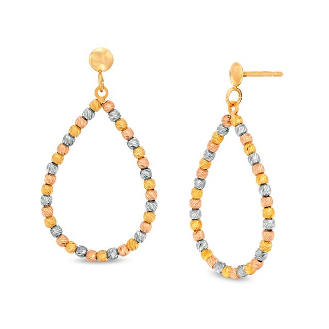 Diamond-Cut Beaded Open Teardrop Earrings in 14K Tri-Tone Gold