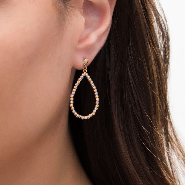 Diamond-Cut Beaded Open Teardrop Earrings in 14K Tri-Tone Gold