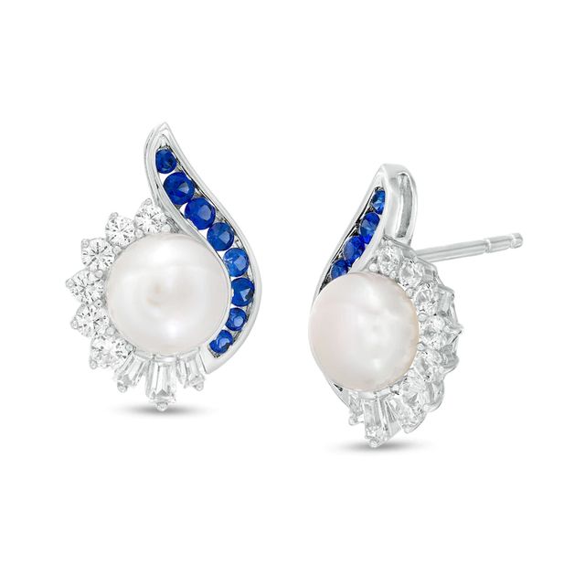 7.0mm Button Freshwater Cultured Pearl, Lab-Created Ceylon and White Sapphire Teardrop Stud Earrings in Sterling Silver|Peoples Jewellers