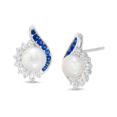7.0mm Button Cultured Freshwater Pearl, Lab-Created Ceylon and White Sapphire Teardrop Stud Earrings in Sterling Silver|Peoples Jewellers