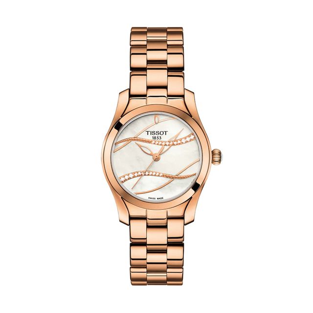 Ladies' Tissot T-Wave Diamond Accent Rose-Tone Watch with Mother-of-Pearl Dial (Model: T112.210.33.111.00)|Peoples Jewellers
