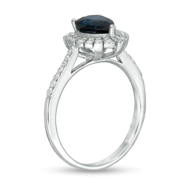 EFFY™ Collection Pear-Shaped Blue Sapphire and 0.28 CT. T.W. Diamond Frame Ring in 14K White Gold|Peoples Jewellers