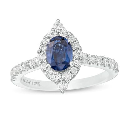 Vera Wang Love Collection Certified Oval Blue Sapphire and 0.58 CT. T.W. Diamond Frame Engagement Ring in 14K White Gold|Peoples Jewellers