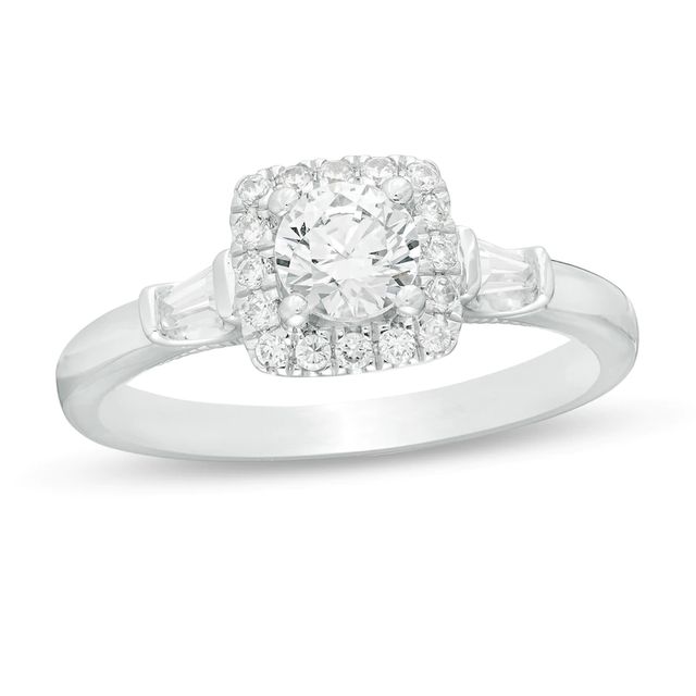 0.69 CT. T.W. Baguette and Round Diamond Cushion Frame Collar Engagement Ring in 14K White Gold