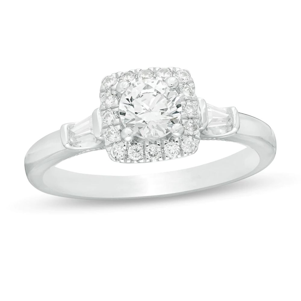 0.69 CT. T.W. Baguette and Round Diamond Cushion Frame Collar Engagement Ring in 14K White Gold|Peoples Jewellers