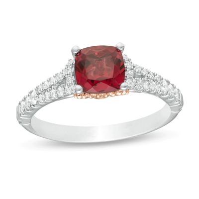 Enchanted Disney Mulan 6.0mm Cushion-Cut Rhodolite Garnet and 0.23 CT. T.W. Diamond Engagement Ring in 14K Two-Tone Gold|Peoples Jewellers