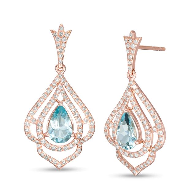 EFFY™ Collection Pear-Shaped Aquamarine and 0.53 CT. T.W. Diamond Drop Earrings in 14K Rose Gold|Peoples Jewellers