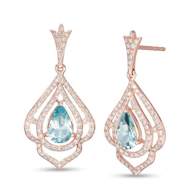 EFFY™ Collection Pear-Shaped Aquamarine and 0.53 CT. T.W. Diamond Drop Earrings in 14K Rose Gold