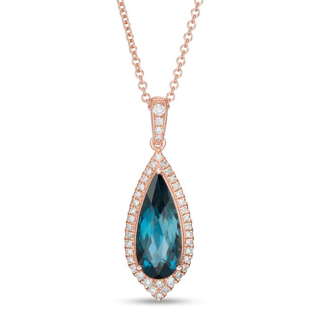EFFY™ Collection Elongated Pear-Shaped London Blue Topaz and 0.21 CT. T.W. Diamond Teardrop Pendant in 14K Rose Gold|Peoples Jewellers