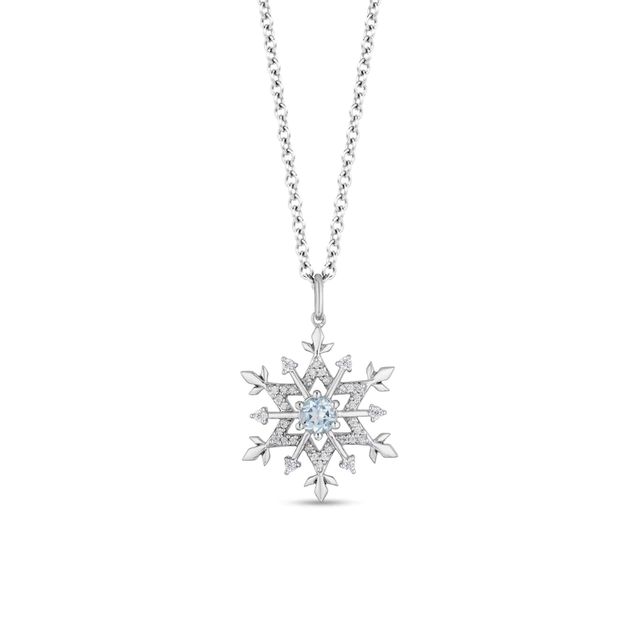 Enchanted Disney Elsa 4.0mm Aquamarine and 0.15 CT. T.W. Diamond Snowflake Pendant in Sterling Silver - 19"|Peoples Jewellers