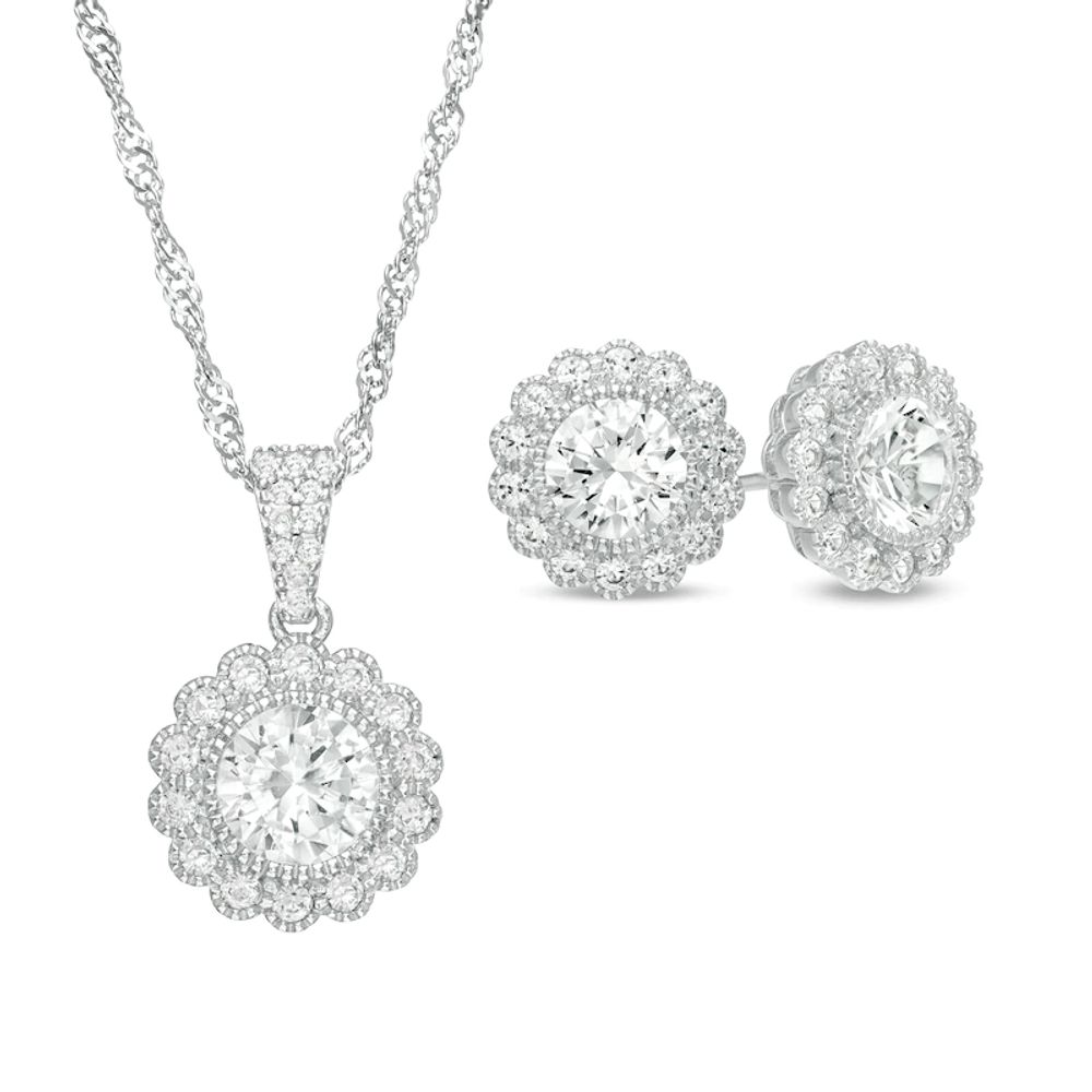 6.5mm Lab-Created White Sapphire Vintage-Style Flower Stud Earrings and Pendant Set in Sterling Silver|Peoples Jewellers