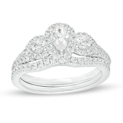1.10 CT. T.W. Pear-Shaped Diamond Past Present Future® Frame Bridal Set in 14K White Gold|Peoples Jewellers