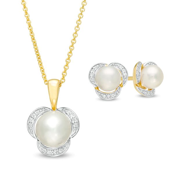 Freshwater Cultured Pearl and Lab-Created White Sapphire Earrings and Pendant Set in Sterling Silver with 14K Gold Plate