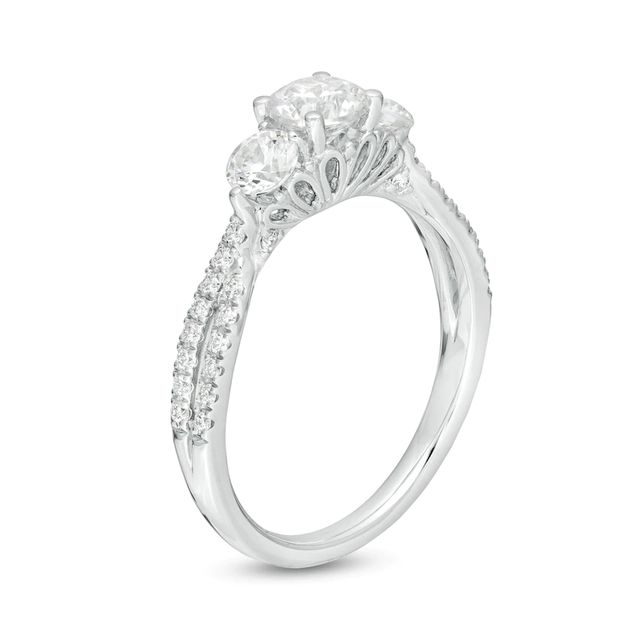Emmy London 1.00 CT. T.W. Certified Diamond Three Stone Split Shank Engagement Ring in 18K White Gold (F/VS2)|Peoples Jewellers
