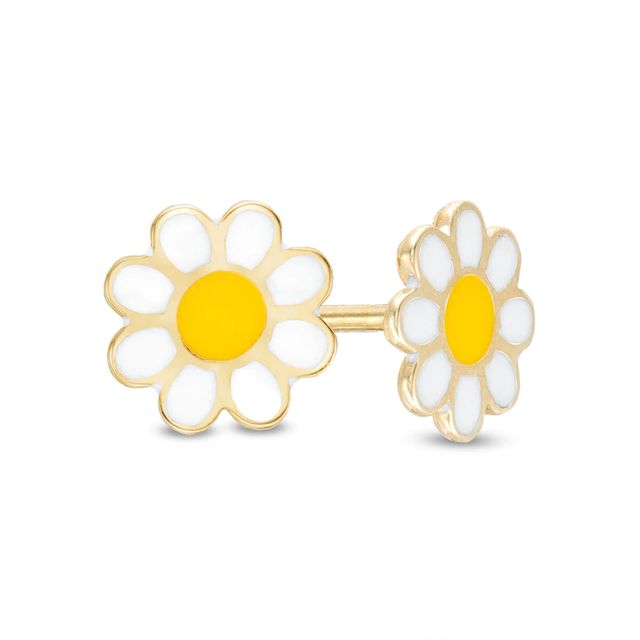 Child's White and Yellow Enamel Flower Stud Earrings in 10K Gold