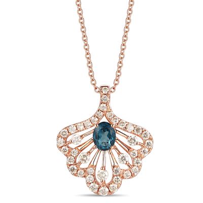 Le Vian® Oval Deep Sea Blue Topaz™ and Crème Brûlée Diamonds™ 0.59 CT. T.W. Diamond Fan Pendant in 14K Strawberry Gold™|Peoples Jewellers