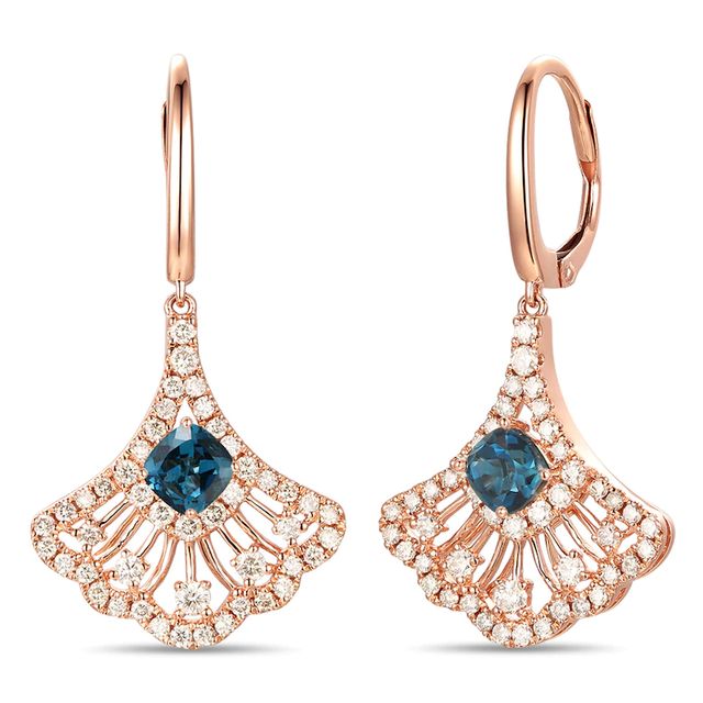 Le Vian® Deep Sea Blue Topaz™ and Crème Brûlée Diamonds™ 0.90 CT. T.W. Diamond Fan Drop Earrings in 14K Strawberry Gold™|Peoples Jewellers