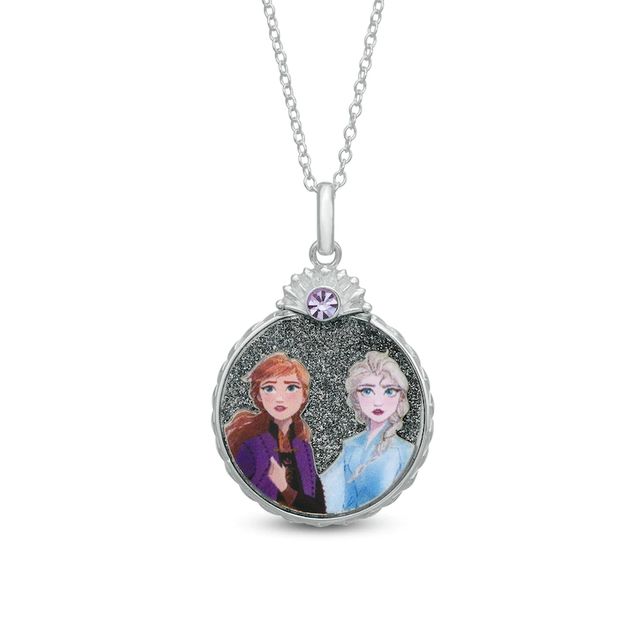 Child's Glitter Enamel ©Disney Anna and Elsa Portrait Disc Pendant in Sterling Silver - 15"|Peoples Jewellers