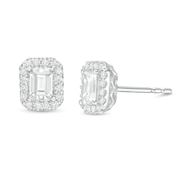 0.95 CT. T.W. Certified Emerald-Cut Diamond Frame Stud Earrings in 14K White Gold (I/SI2)|Peoples Jewellers