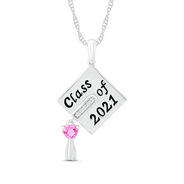 Heart-Shaped Simulated Birthstone and Diamond Accent Graduation Cap Pendant in Sterling Silver (1 Stone and 3 Lines)|Peoples Jewellers