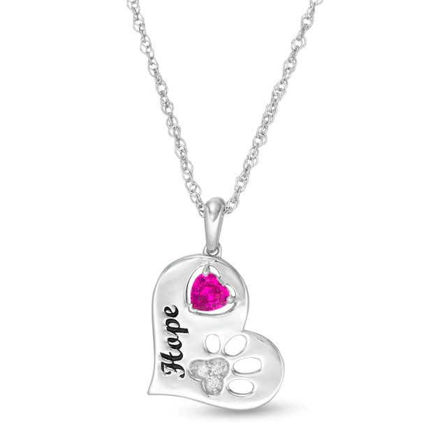 4.0mm Heart-Shaped Simulated Birthstone and Diamond Accent Paw Print Heart Pendant in Sterling Silver (1 Stone and Line)|Peoples Jewellers