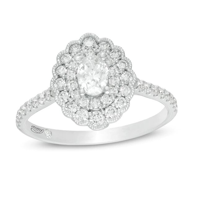 Emmy London 0.80 CT. T.W. Certified Oval Diamond Scallop Frame Engagement Ring in 18K White Gold (F/VS2)|Peoples Jewellers