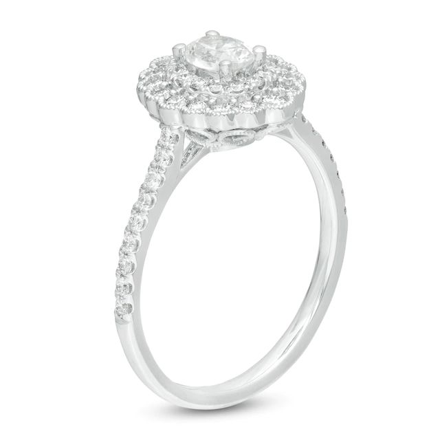 Emmy London 0.80 CT. T.W. Certified Oval Diamond Scallop Frame Engagement Ring in 18K White Gold (F/VS2)|Peoples Jewellers